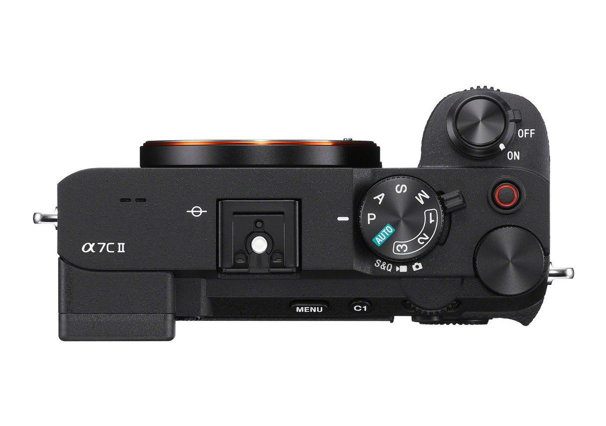 Aparat foto mirrorless Sony cu comenzi laterale și buton ON/OFF, corp negru