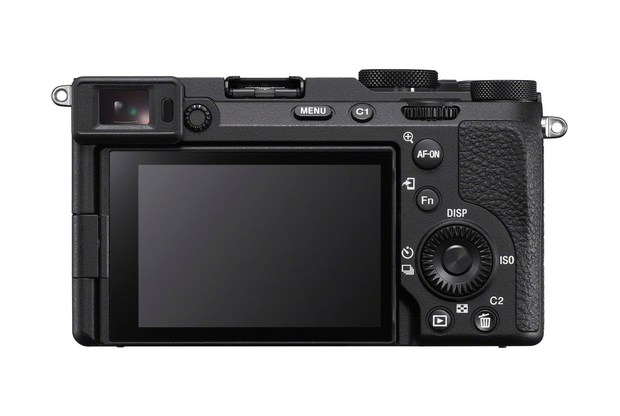 Aparat foto mirrorless Sony cu ecran LCD și butoane, corp negru