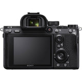 Black mirrorless camera back view with LCD screen and control dials