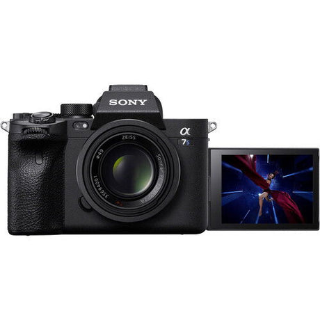 Black mirrorless camera with attached lens and side LCD display