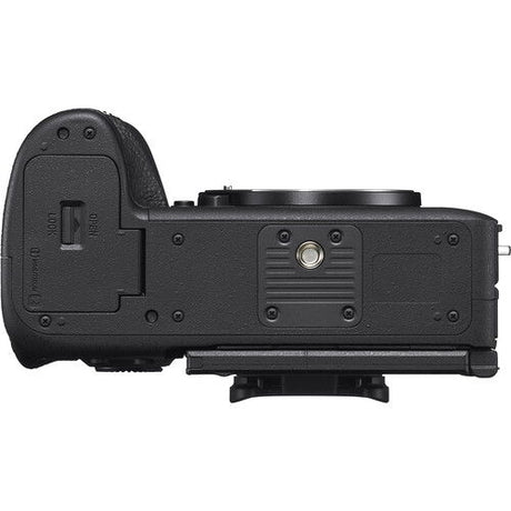 Alpha A9 III mirrorless camera body, rear side view with battery door