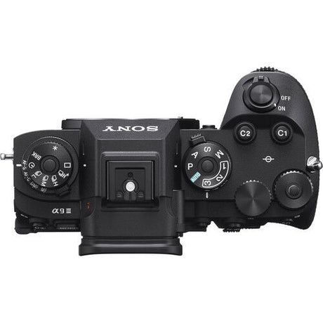 Alpha A9 III mirrorless camera body, top view with mode dial and buttons