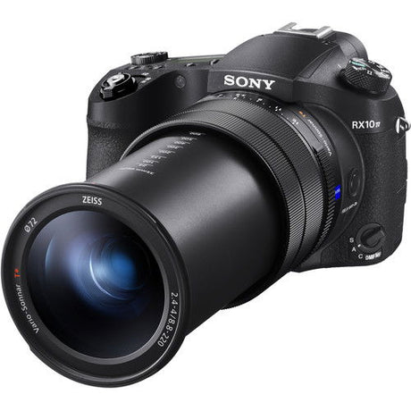 RX10 IV compact camera with Zeiss-labeled zoom lens, angled front close-up