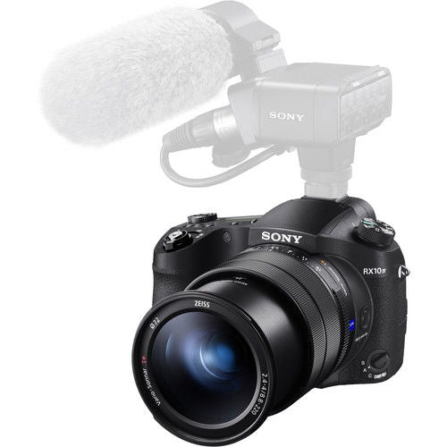 RX10 IV camera with mounted microphone on top and zoom lens front