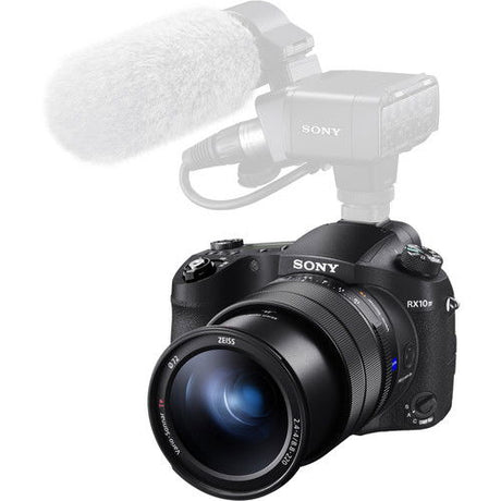 RX10 IV camera with mounted microphone on top and zoom lens front