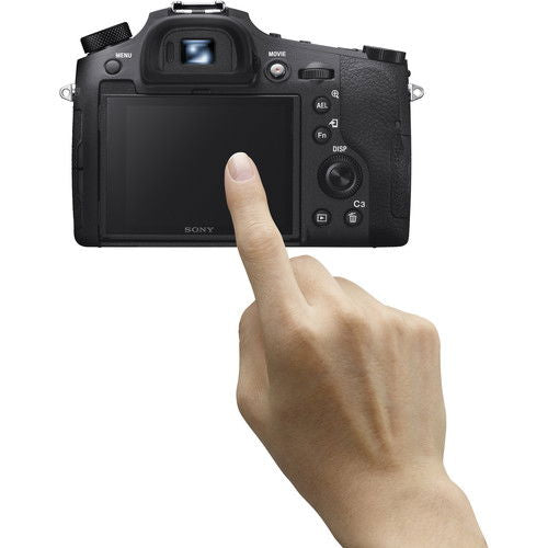 Back of RX10 IV camera with touchscreen and finger pressing buttons