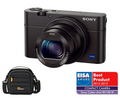 Black compact digital camera with large lens; includes black shoulder bag.