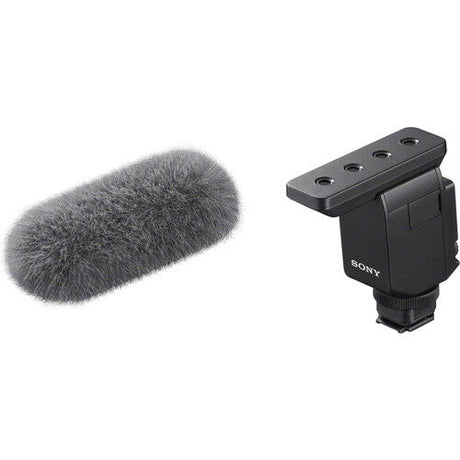 Microfon tip shotgun Sony cu spumă gri și montură neagră, vedere din lateral
