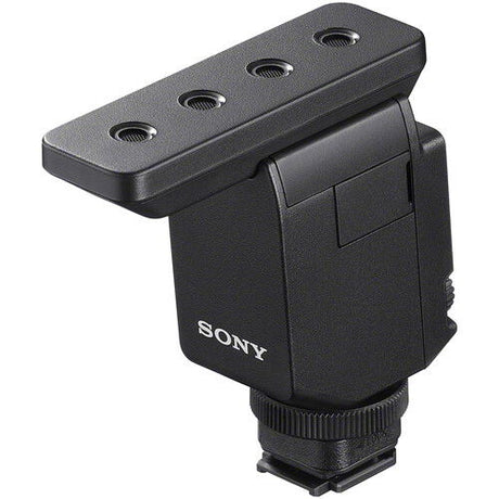 Microfon tip shotgun Sony cu carcasă neagră și spumă gri, capăt frontal