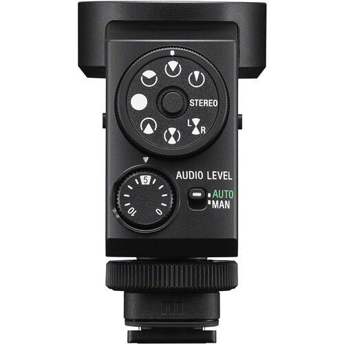 Front view of microphone controls with stereo mode knobs and audio level AUTO/MAN