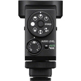 Front view of microphone controls with stereo mode knobs and audio level AUTO/MAN