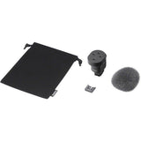 Microphone kit: gray windscreen, small adapter, mounting plate, and black pouch