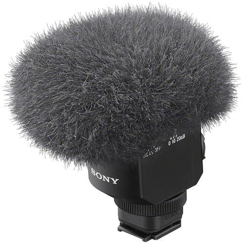 ECM-M1 digital shotgun microphone with gray foam windscreen and black mount