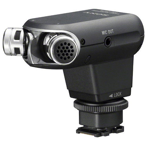 Stereo microphone with center grille, black housing, MIC OUT port and locking base