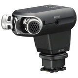 Stereo microphone with center grille, black housing, MIC OUT port and locking base