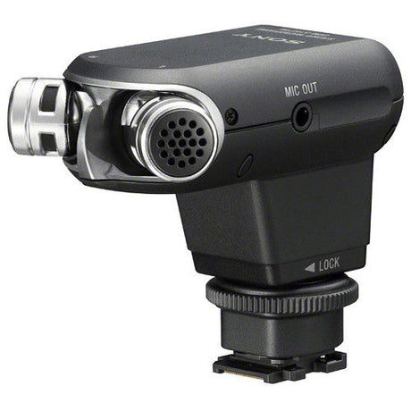 Stereo microphone with center grille, black housing, MIC OUT port and locking base