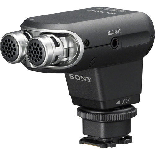 Stereo microphone, black body, dual front grille ports, MIC OUT side and locking mount