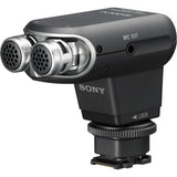 Stereo microphone, black body, dual front grille ports, MIC OUT side and locking mount