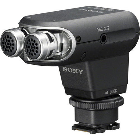Stereo microphone, black body, dual front grille ports, MIC OUT side and locking mount
