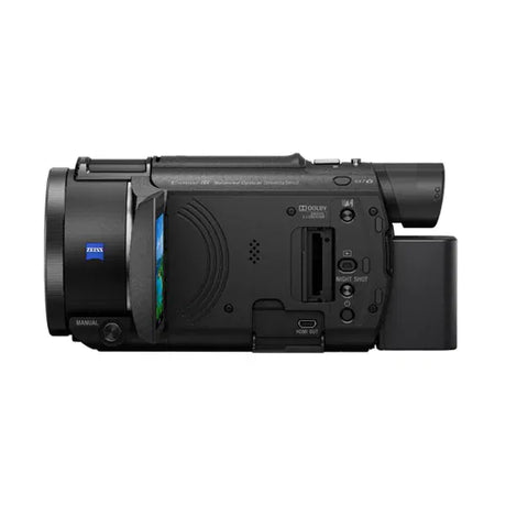Camcorder back panel with ports, buttons, and side grip