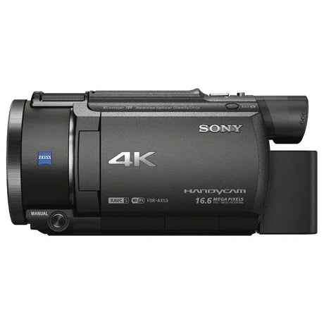 4K camcorder front view showing ZEISS lens and manual controls