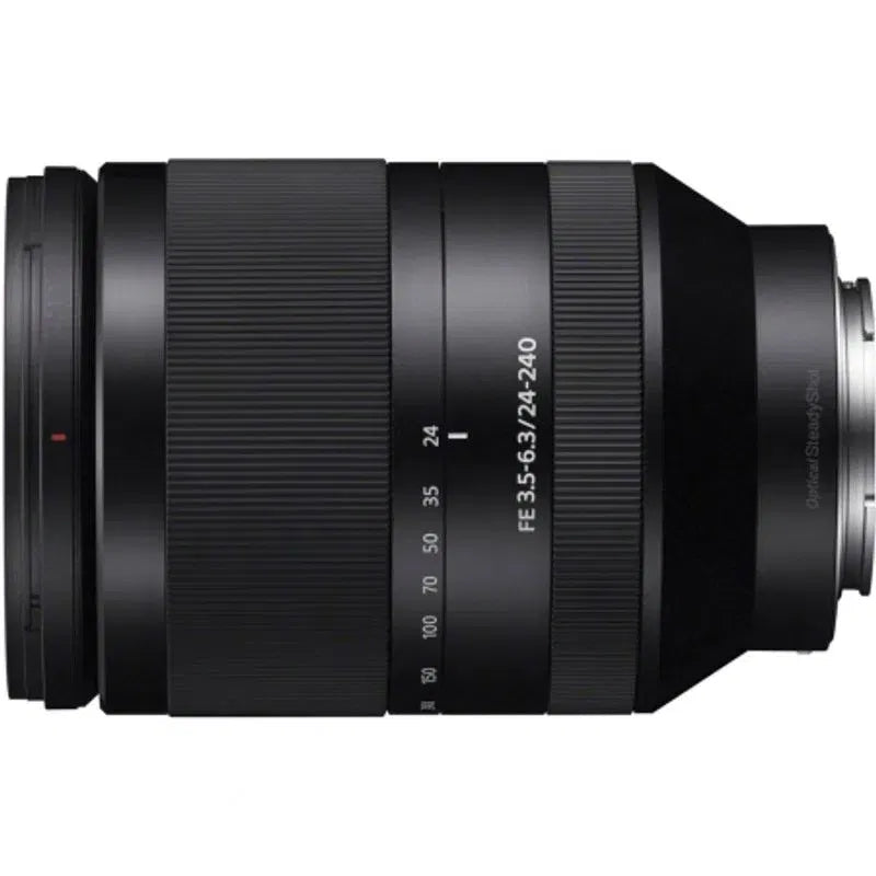 Side view of black 24-240mm F3.5-6.3 zoom lens with focus/zoom scale rings
