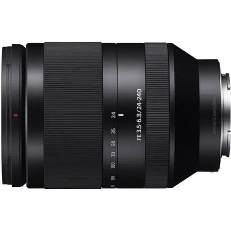 Side view of black 24-240mm F3.5-6.3 zoom lens with focus/zoom scale rings