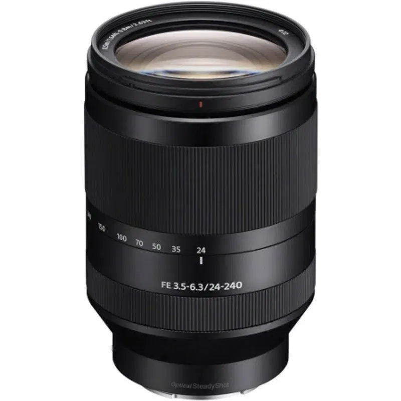 Black Sony E-mount 24-240mm zoom lens with front glass and zoom barrel markings