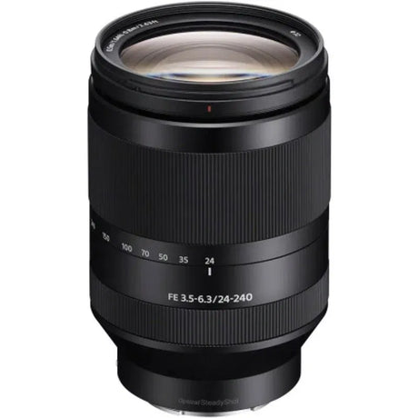 Black Sony E-mount 24-240mm zoom lens with front glass and zoom barrel markings