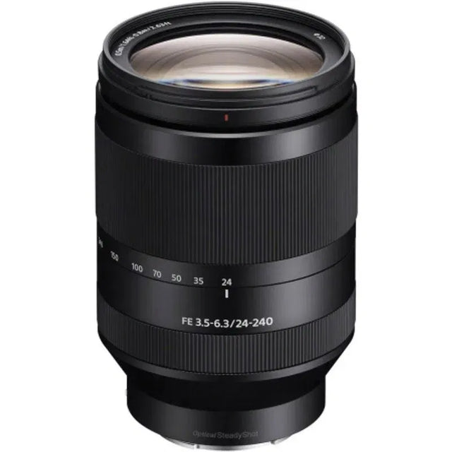 Black Sony E-mount 24-240mm zoom lens with front glass and zoom barrel markings
