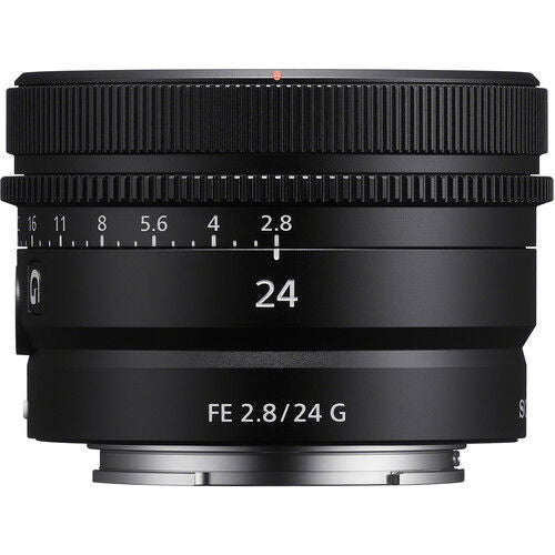 Black 24mm lens front showing large '24' marking and 'FE 2.8/24 G' text