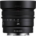 Black 24mm f/2.8 G FE lens with focus markings and front glass element