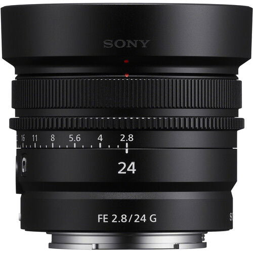 Black 24mm f/2.8 G FE lens with focus markings and front glass element