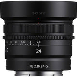Black 24mm f/2.8 G FE lens with focus markings and front glass element