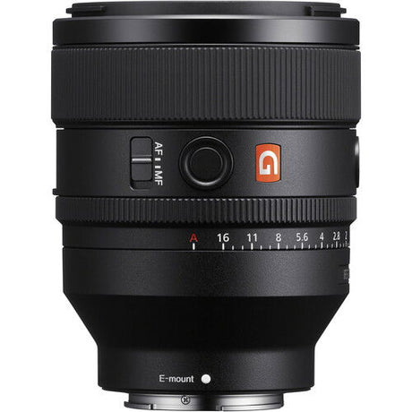 Sony FE 50mm F1.2 GM lens side view, E-mount, orange G logo and aperture ring