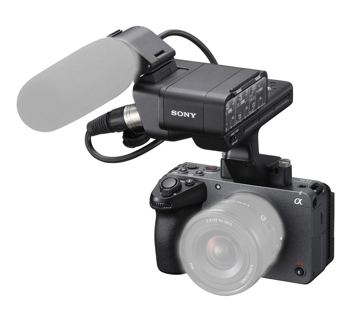 Cameră Sony FX30 cu modul XLR și microfon montat, vedere laterală