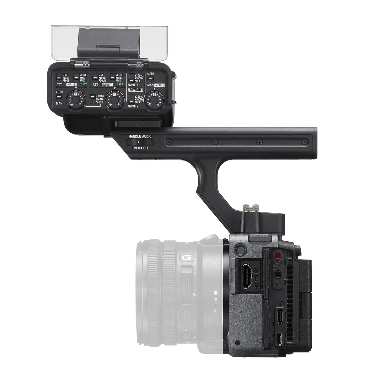 Cameră Sony cu modul XLR, vedere laterală; butoane și porturi vizibile