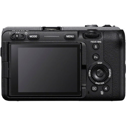 Cameră Sony mirrorless, spate cu ecran LCD și butoane MENU și FOCUS MAG