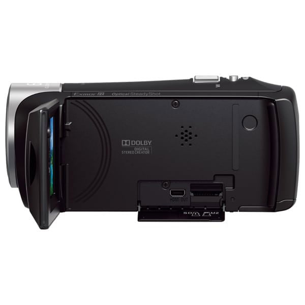Black camcorder back panel with ports and SD card slot visible
