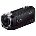 Black camcorder with front lens and wide-angle ring, Handycam-style body