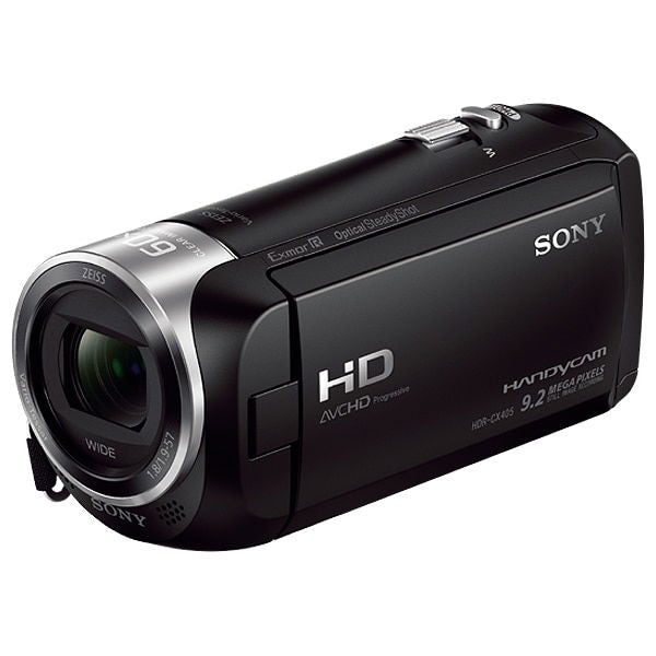 Black camcorder with front lens and wide-angle ring, Handycam-style body