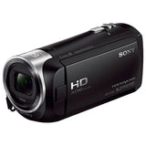 Black camcorder with front lens and wide-angle ring, Handycam-style body