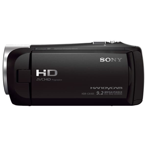 Black camcorder rear view with HD AVCHD label and built-in display housing