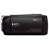 Black camcorder rear view with HD AVCHD label and built-in display housing