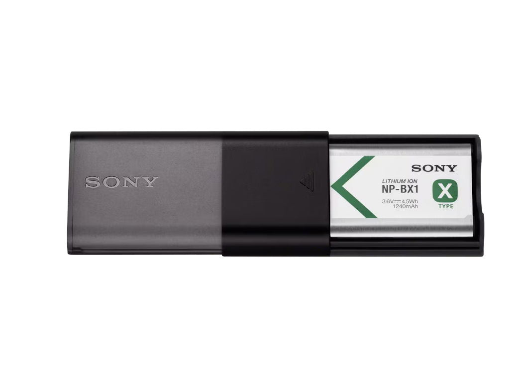 Încărcător USB de voiaj cu acumulator NP-BX1, vedere laterală cu baterie instalată