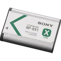 NP-BX1 lithium-ion rechargeable camera battery, silver label with green X type mark