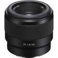 FE 50mm f/1.8 lens with textured focus ring and front glass element