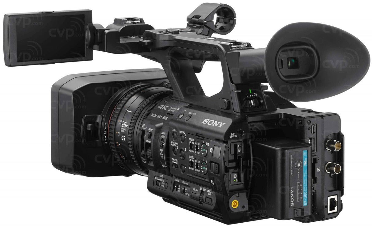 Black 4K video camera angled view showing rear ports and side handle