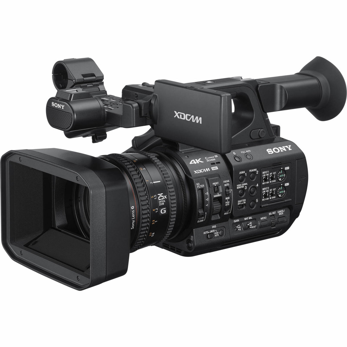 Sony 4K professional video camera with lens and side control panel, black body