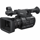 Sony 4K professional video camera with lens and side control panel, black body